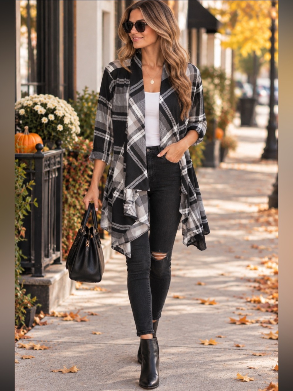 🧑🎄 Black Gray Plaid Draped Open Front Cardigan Duster Jacket Roll Tab Sl NWT 3X